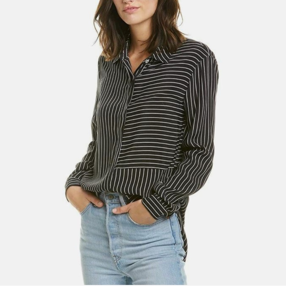 Three Dots Black & White Striped Button-Up Blouse Size S